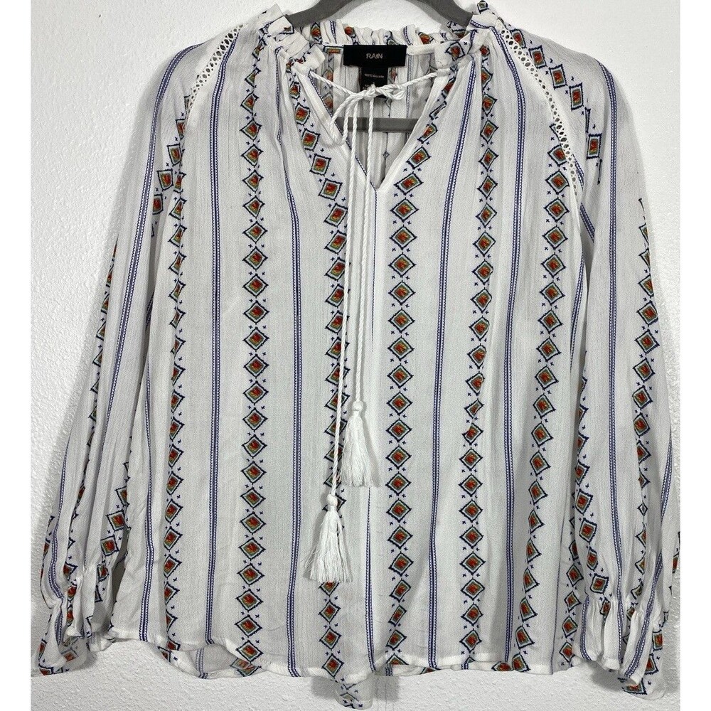 RAIN White Geometric Peasant Blouse V-Neck Long Sleeve Tassel Tie Viscose S